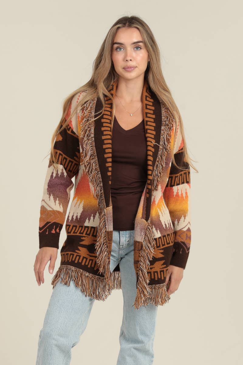 ANGIE - Vendita all'ingrosso Cardigan - Donna - Cardigan con frange e collo a scialle azteco XHS96-ASIS4