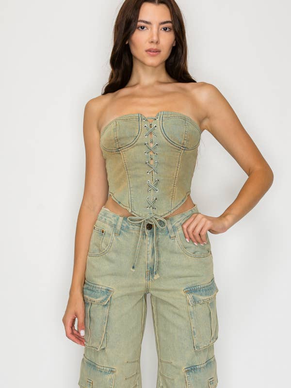 Top Corsetto in Denim Elasticizzato Amaris Dirty Wash per la vendita all'ingrosso da parte di Machine Jeans