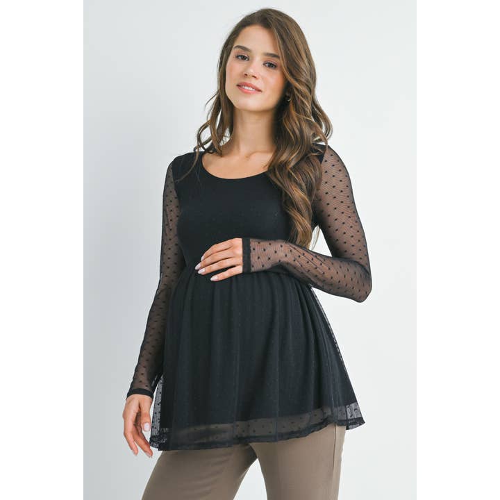 Top de Maternidade com Mangas de Malha com Bolinhas Pretas por atacado de Hello Miz