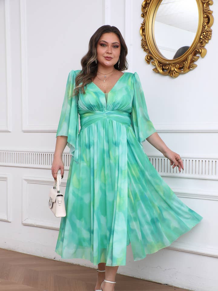 Plus size floral print midi ceremonial dress 2593 for wholesale by Lucas & Emma - Sarl RJ & co