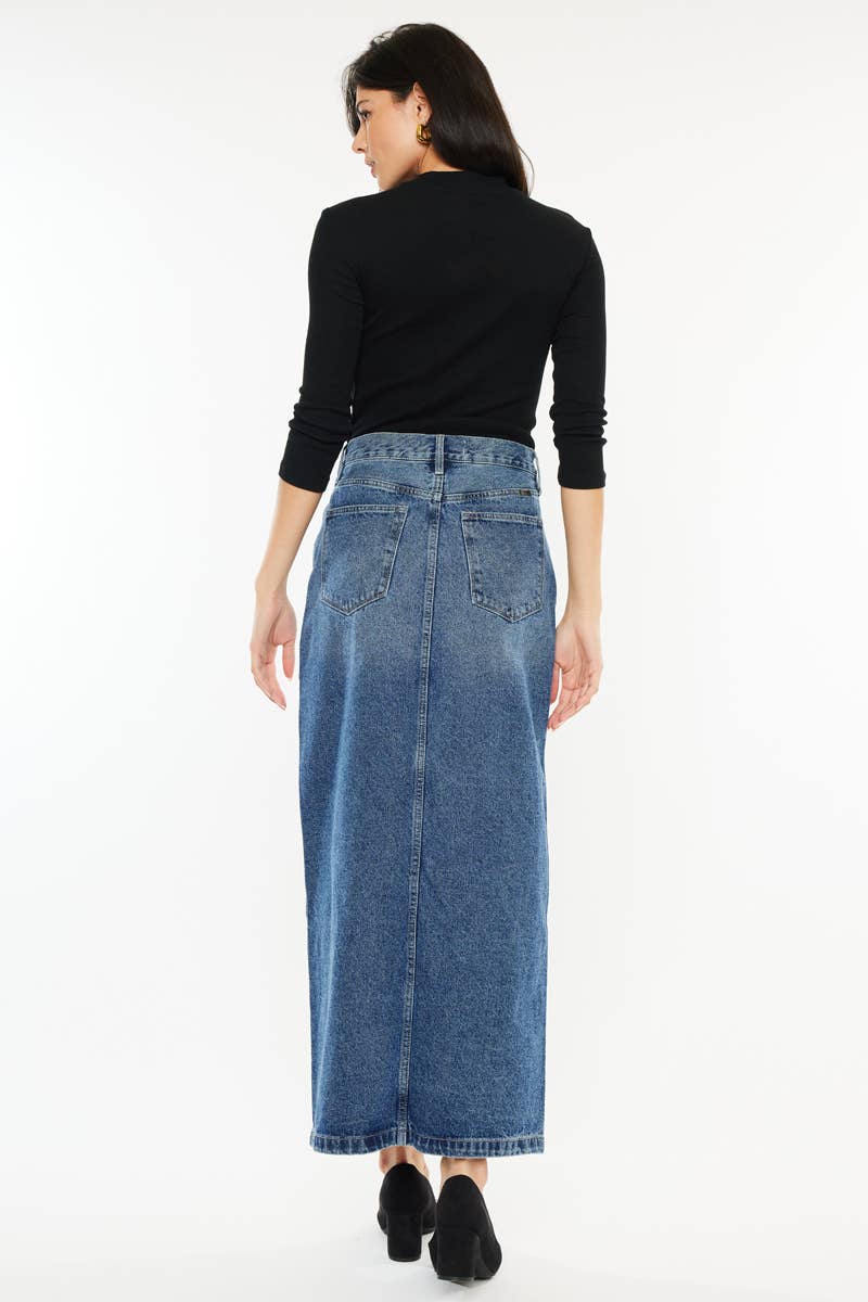 GEMIDDELDE 90's denim maxi-rok met middennaad en ritssluiting voor groothandel op Faire4