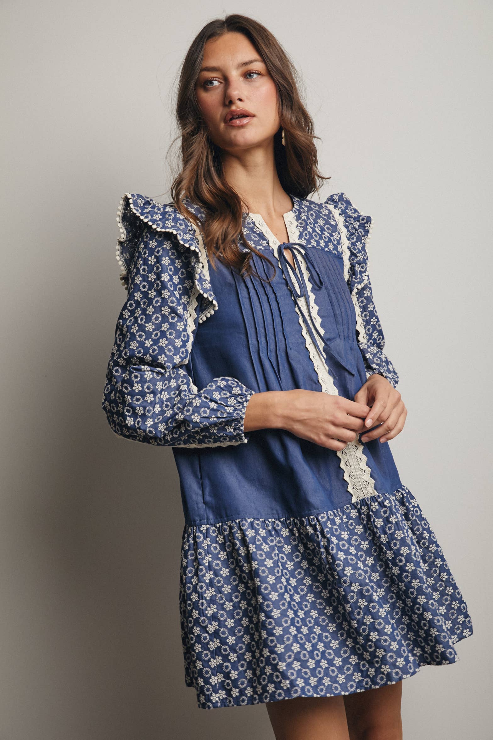 Denim Patchwork Lace Trim Mini Dress FD0012 for wholesale on Faire3