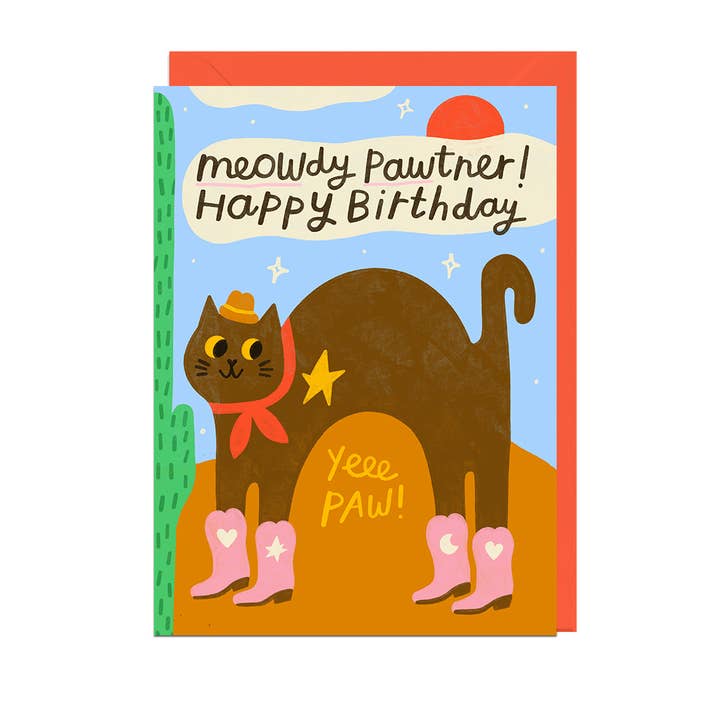 Carte enveloppe rouge d'anniversaire MEOWDY PAWTNER pour la vente par Jolly Awesome