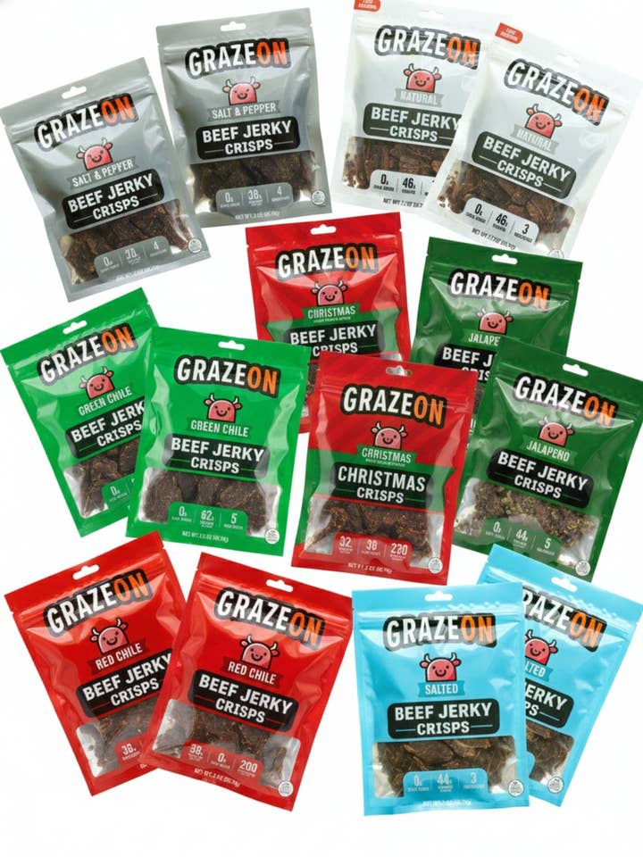 Max Value - 14 Bag Variety Pack of GrazeOn Beef Jerky Crisps- High Protein, No Sugar, Crunchy Air-Dried Meat Snack, All-Natural - 14 x 2.0 oz Bags for wholesale by GrazeOn
