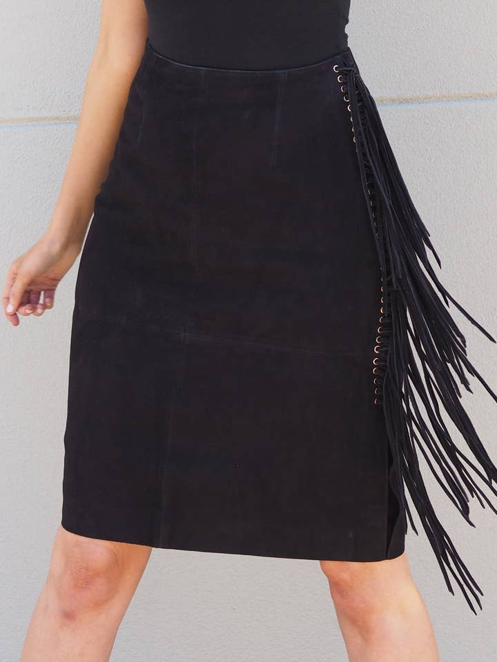 Emelia Fringe and Eyelet Skirt | Black Suede for wholesale by Cadelle Leather