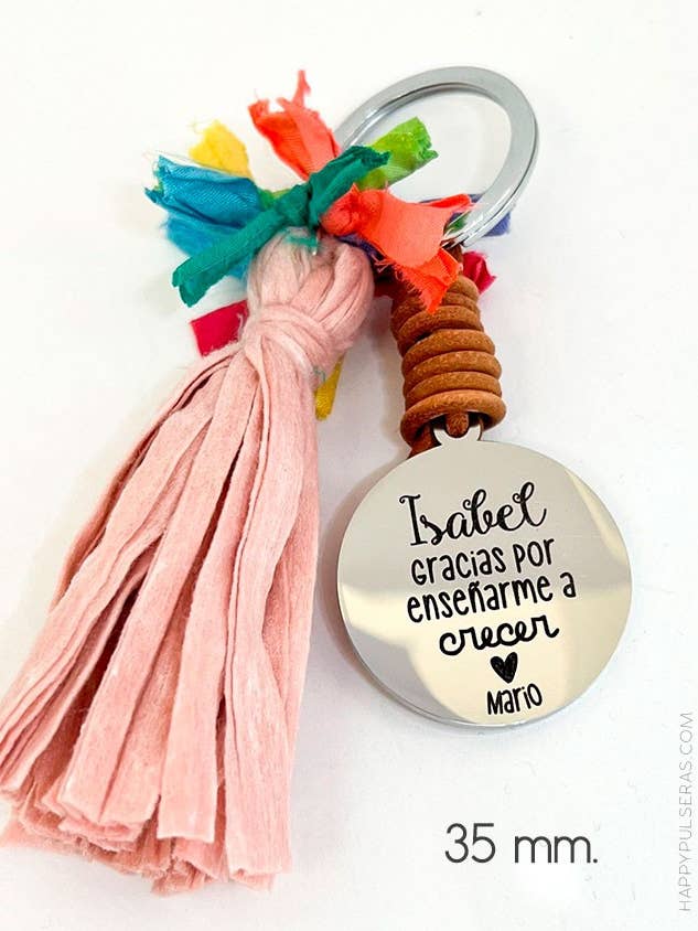 Rustfrit stål kvast nøglering til lærere med 35 mm indgraveret medalje. for engroshandel hos Happypulseras