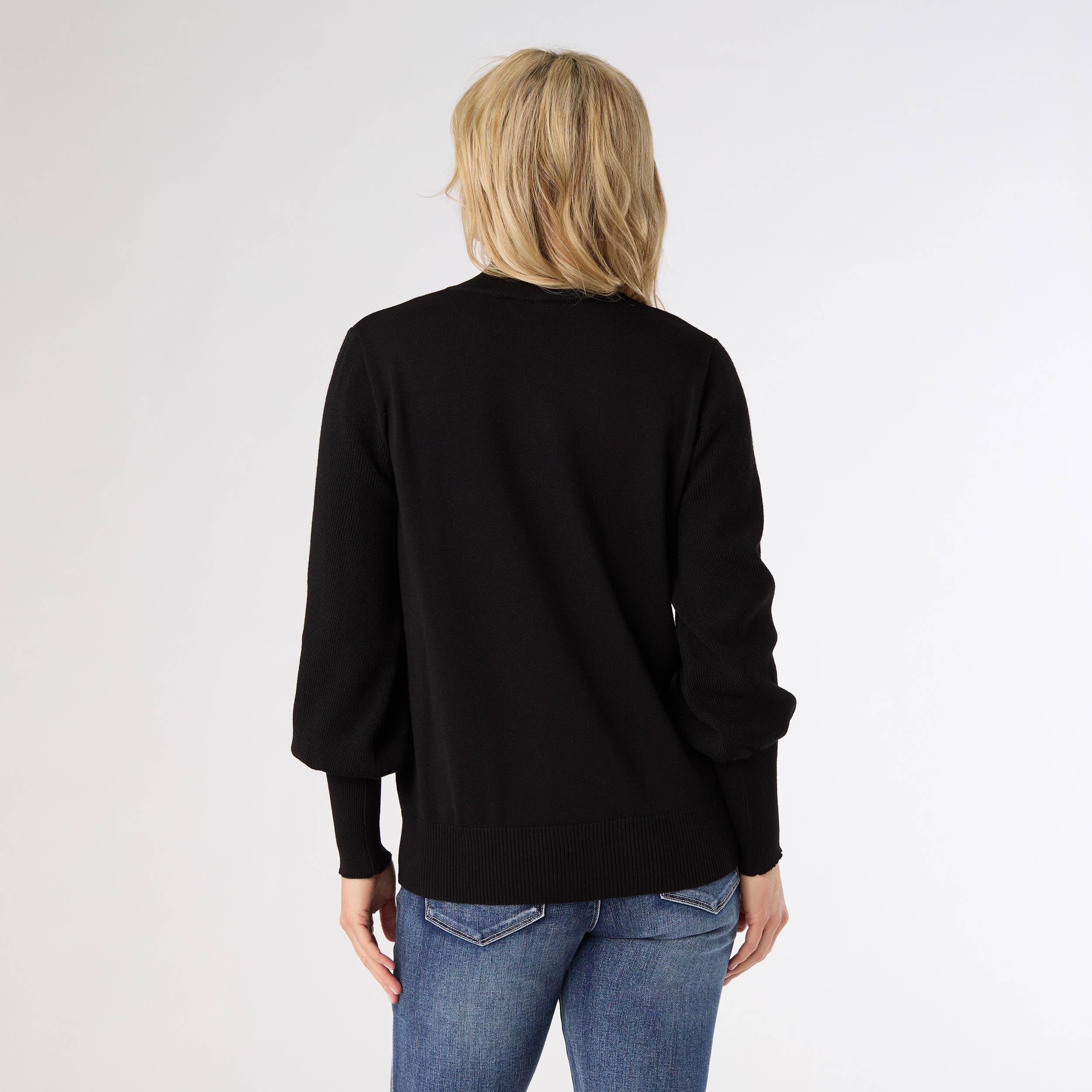 Black Skylah Mock Neck Sweater with Pearl Button Cuff for wholesale on Faire1
