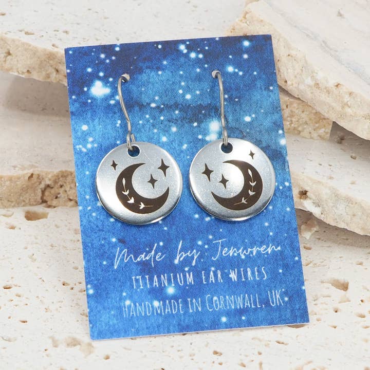 Folk crescent round disk dangle earrings for wholesale by MadebyJenWren