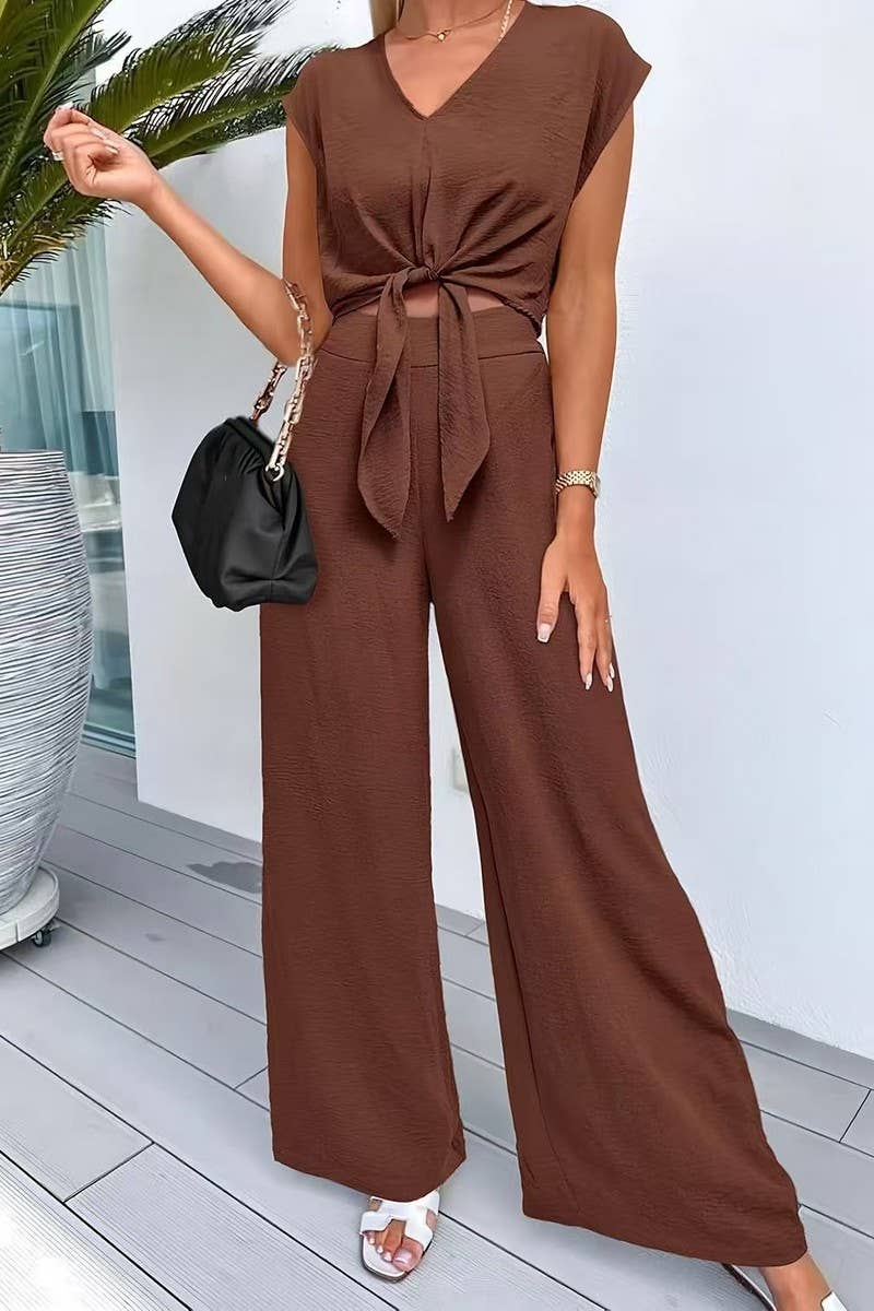 NINEXIS - Wholesale Top & Pant Set (NOT Loungewear) - Women's - CWSS1217_V-NECK TIE CROP TOP HIGH WAIST SLIM WIDE LEG PANTS4