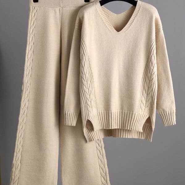 Elegante conjunto de suéteres holgados de manga larga con cuello en V de color liso y pantalones anchos de dos piezas para venta al por mayor de kycozy
