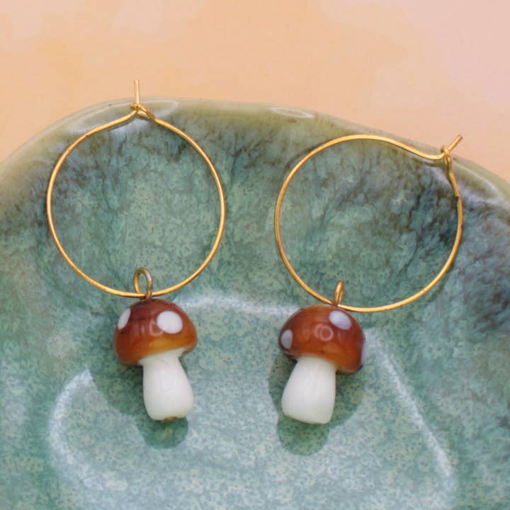 ZAD - Wholesale Dangle Earrings - Glass Mushroom Drop Gold Hoop Earrings