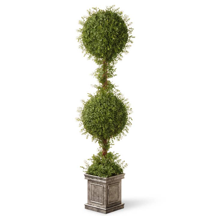 National Tree Company - Wholesale Artificial Plant - 60 in. Mini Tea Leaf 2 Ball Topiary in a Silver Square Pot