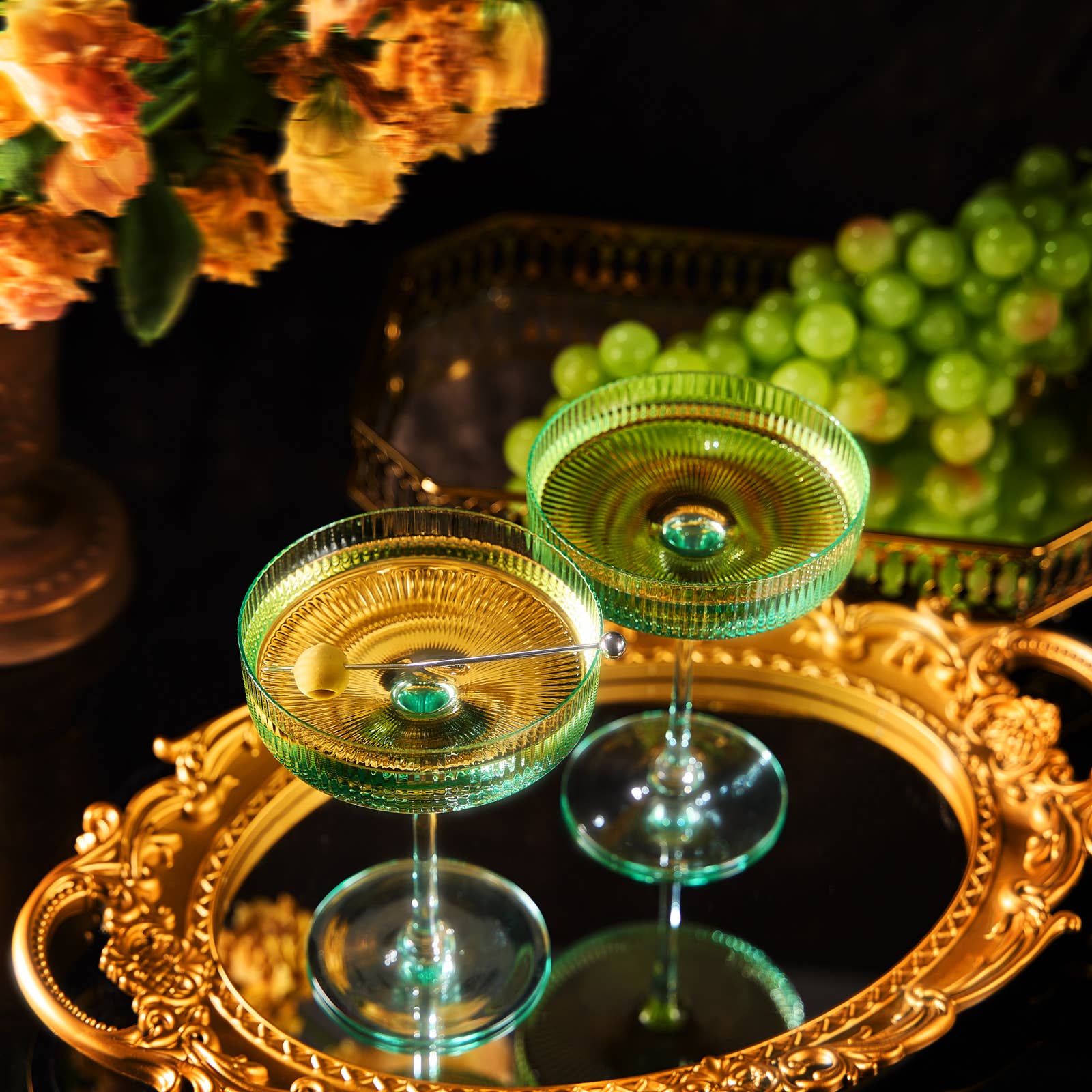 The Wine Savant /  Khen Glassware - Wholesale Cocktail/likeur glas - Mintgroene Ripple cocktail- en champagneglazen - set van 210