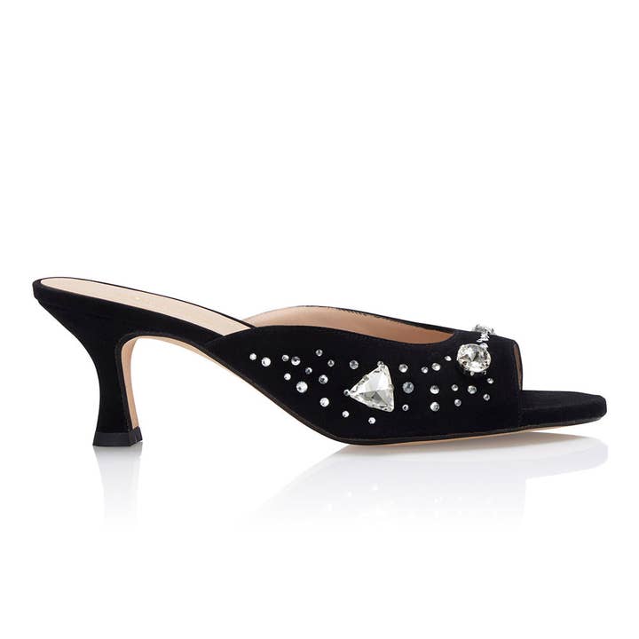 The Moment Peep Toe Kitten Heel - Black Suede/Clear Crystals for wholesale by Nicki Hoyne