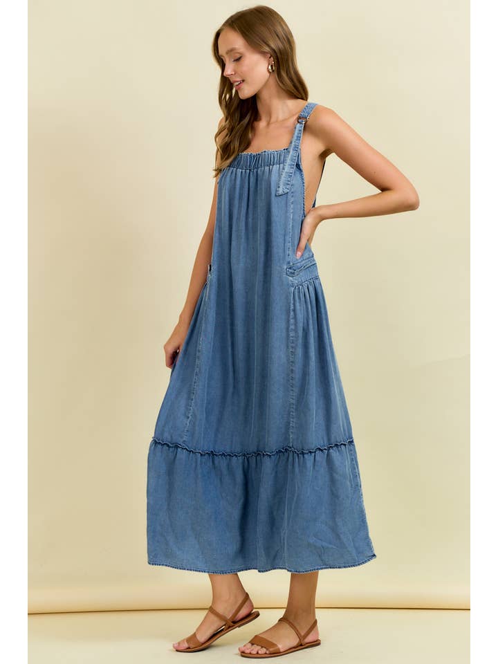 Doe and Rae - Wholesale Dress - Women's - TENCEL MAXI OVERALL DRESS WITH TIERED RUFFLE - 28134D2