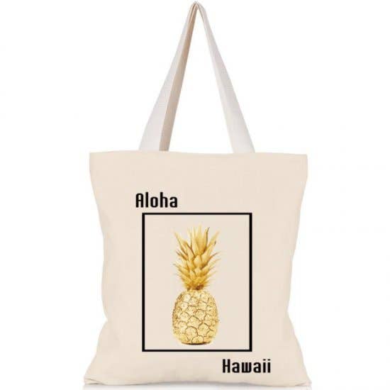 "ALOHA HAWAII" PINEAPPLE CANVAS TOTE BAG - Golden for wholesale by Bean & Vanilla