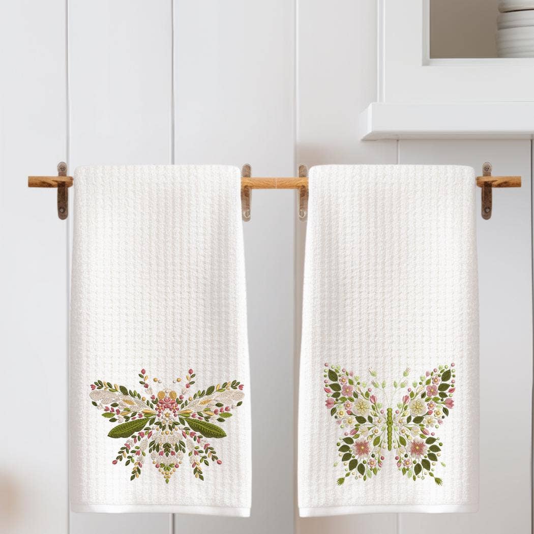 Cottage & Club – wholesale Tea towel – Floral Butterfly, Bee & Dragonfly Tea Towels - Choose Your Design | Waffle Weave Insect Towels | Embroidery Look Kitchen Decor1