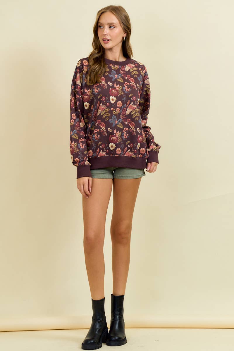 Doe and Rae - Wholesale Sweatshirt - Women's - FLORAL PRINT DROP SHOULDER PULL-OVER TOP - 45256T9