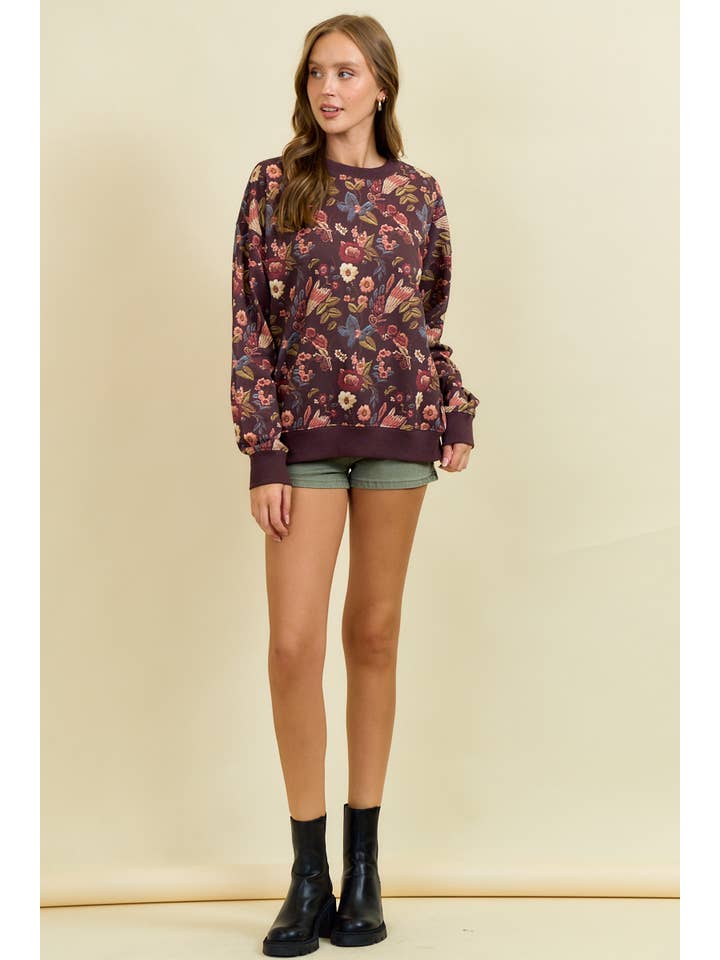 Doe and Rae - Wholesale Sweatshirt - Women's - FLORAL PRINT DROP SHOULDER PULL-OVER TOP - 45256T9