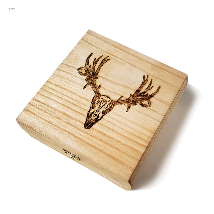 Lyoncraft - Wholesale Decorative Box - Deer Skull Engraved Wooden Box, Stag Antlers Design