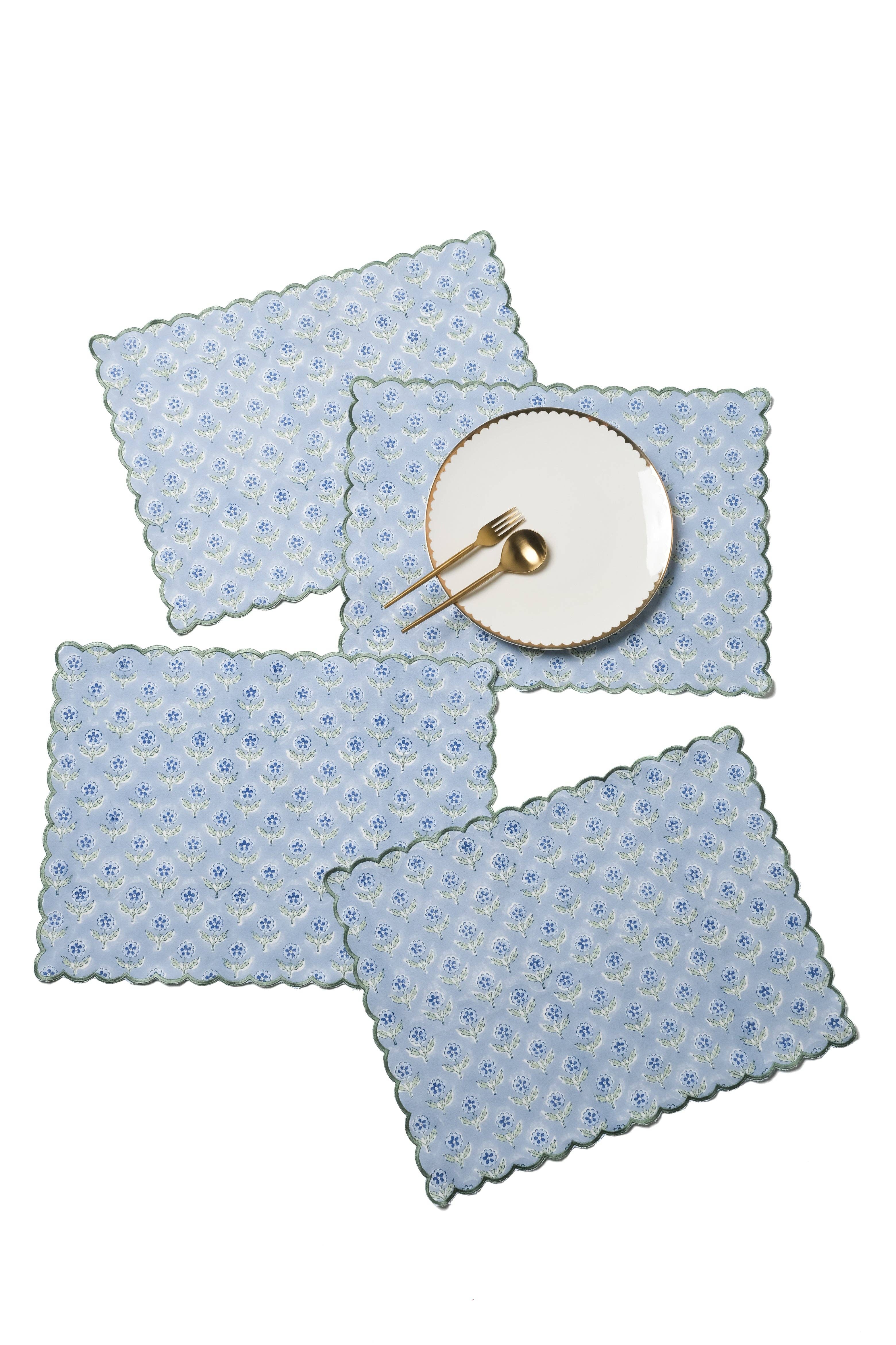 Inner Child - Wholesale Placemat - Mona Scallop Embroidered Blockprint Placemat in Blue0