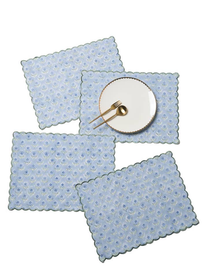 Mona Scallop Embroidered Blockprint Placemat in Blue for wholesale by Inner Child