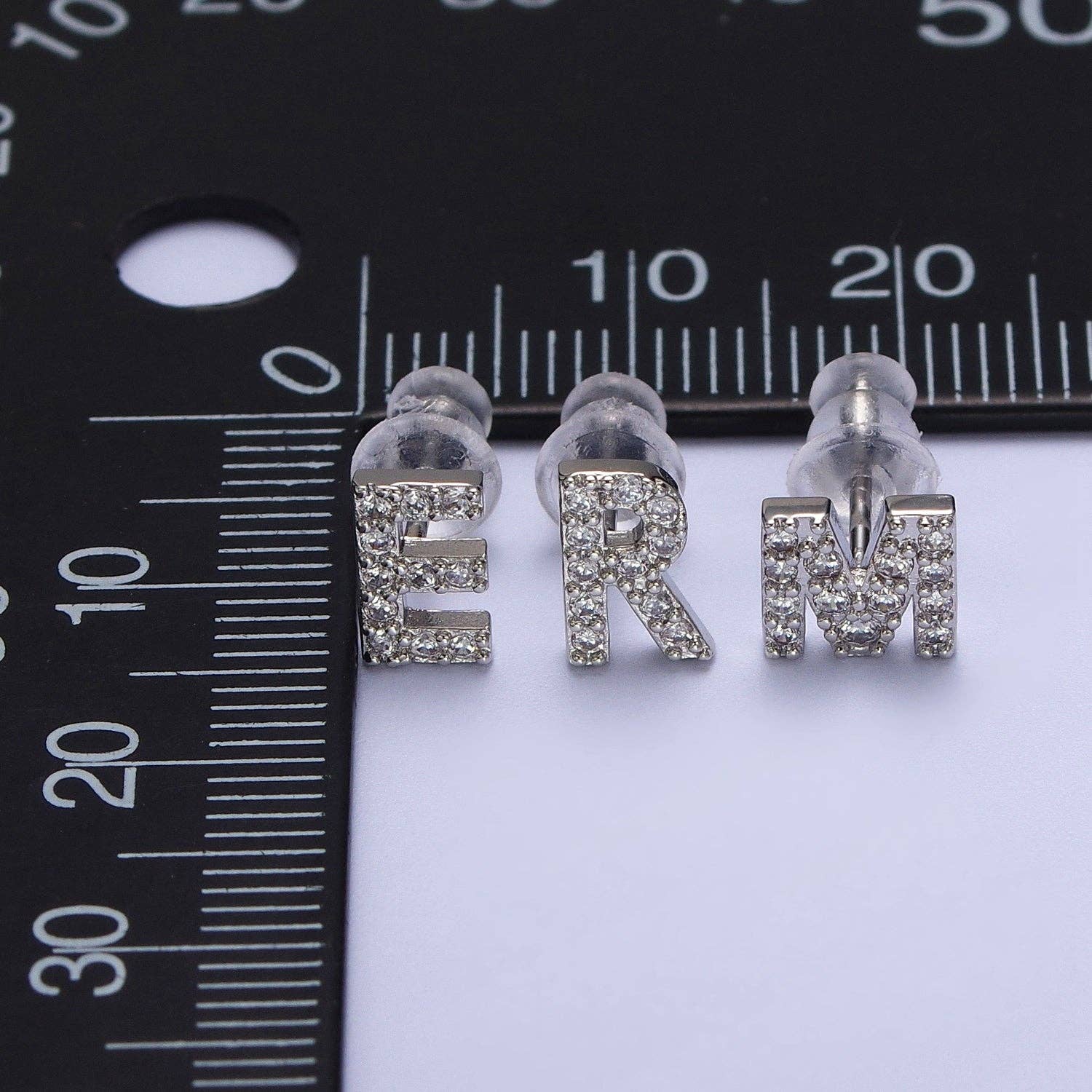 Aim Eternal - Wholesale Stud/Post Earrings - White Gold Filled Tiny Initial Letter Diamond CZ Silver Stud26
