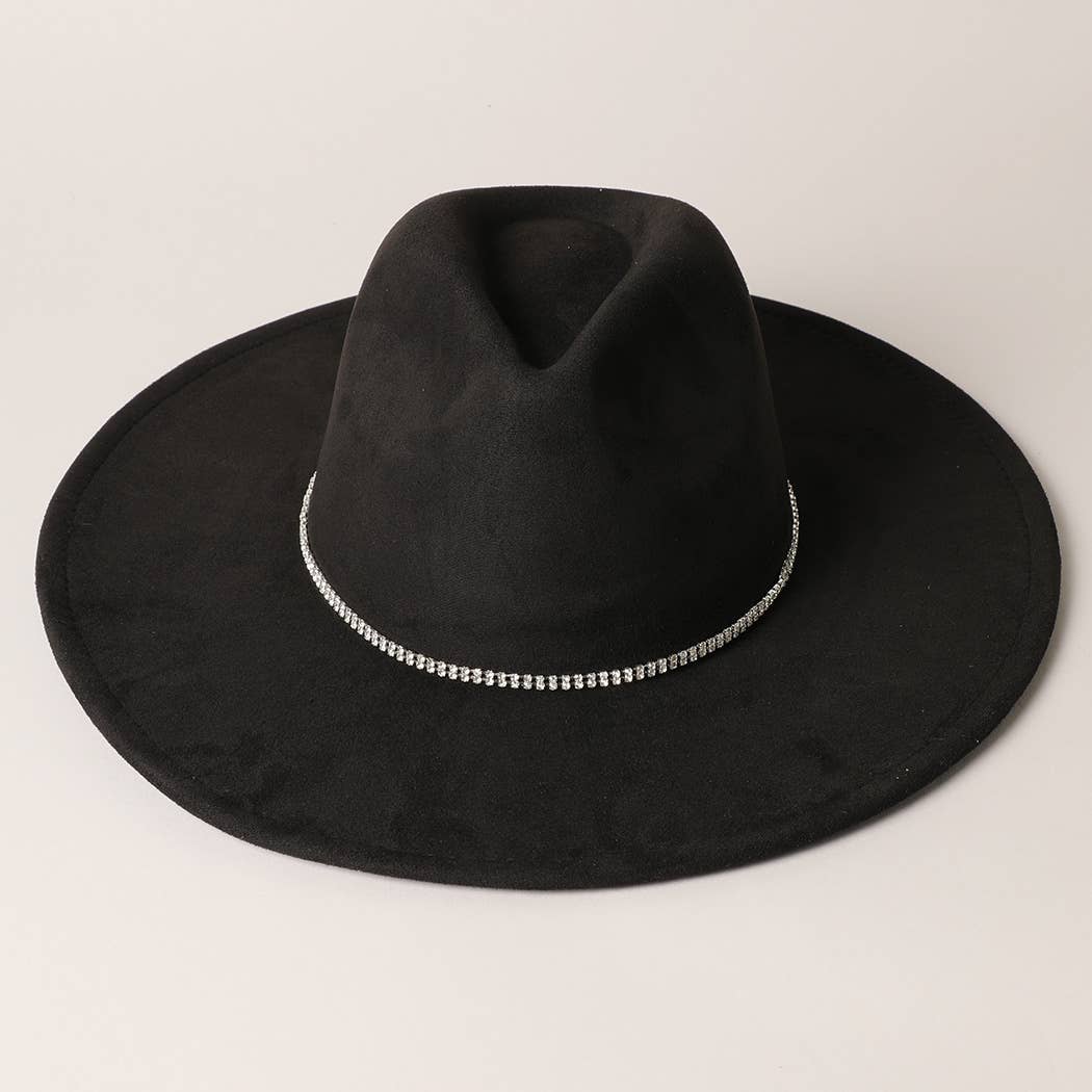 Fashion City – Fedora - Mulher por atacado – Chapéu Fedora de Camurça com Aba Larga e Faixa de Strass2