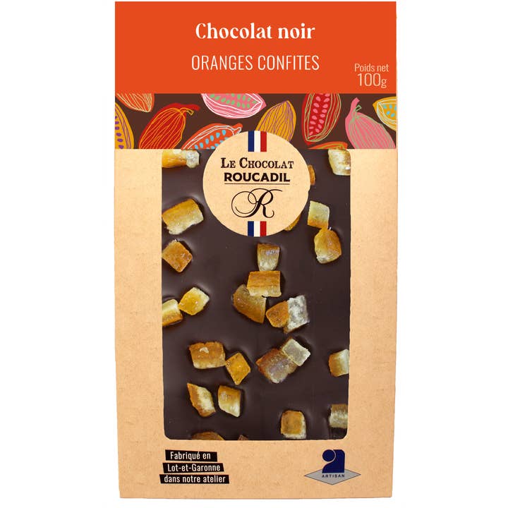Tablete de Chocolate Negro e Laranjas Cristalizadas - 100G por atacado de Maison Roucadil