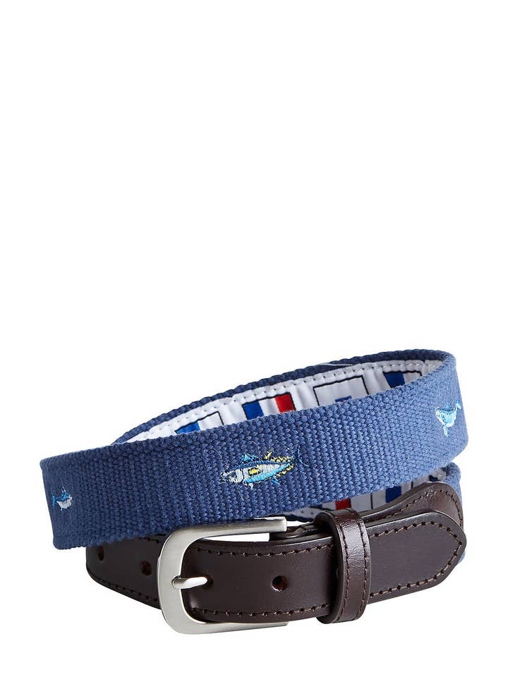 Cinto Bowsprit Nantucket Azul-Marinho Bordado Com Peixes do Grand Slam do Atlântico por atacado de Castaway Clothing Nantucket Island