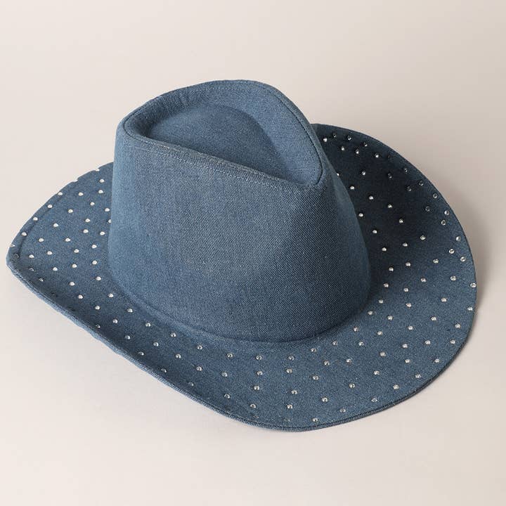Fashion City - Wholesale Cowboy Hat - Women's - Cubic Embellished Denim Cowboy Hat