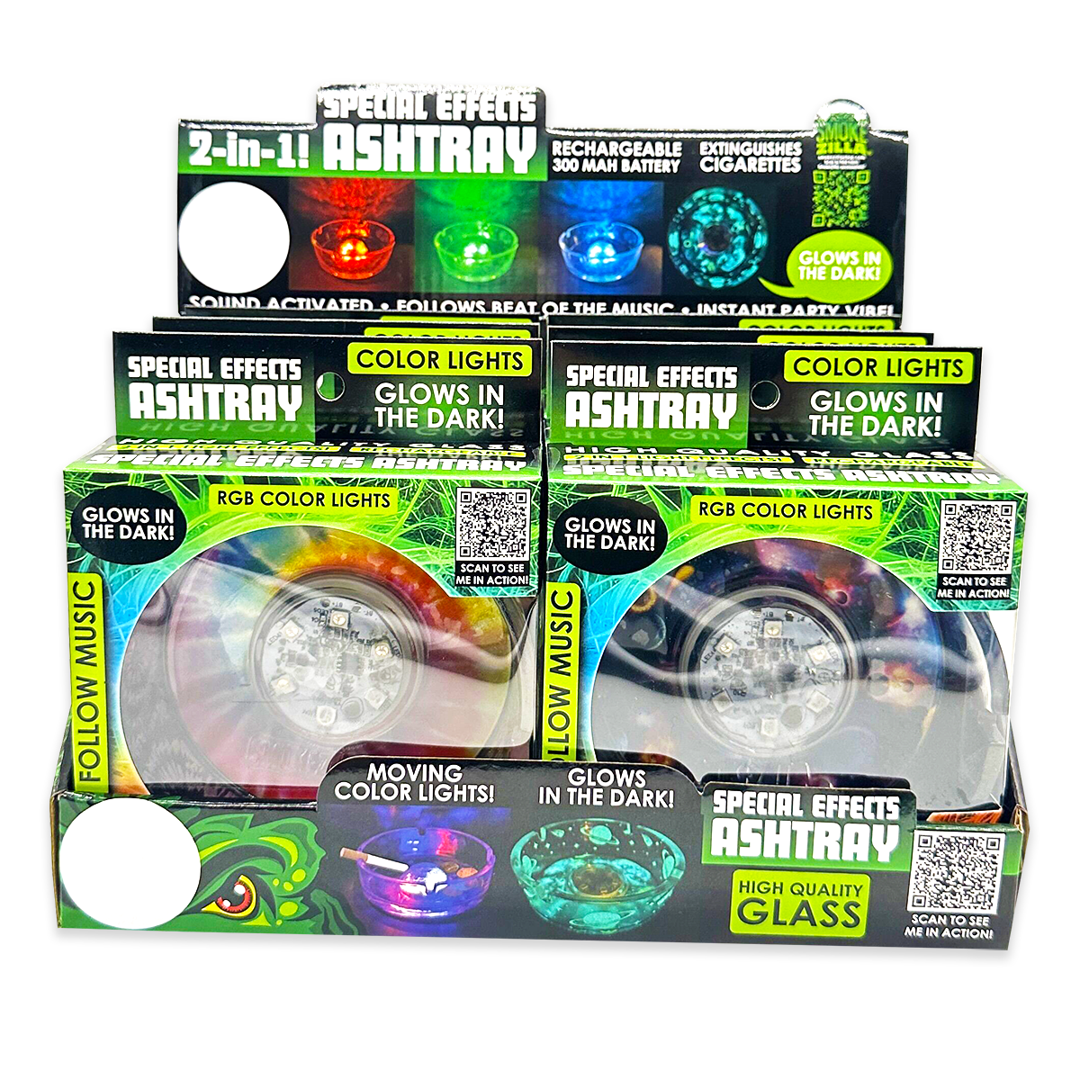 Novelty Brands - Wholesale Ashtray - Smokezilla Glass LED Light Ashtray Boxed - 6/Display1