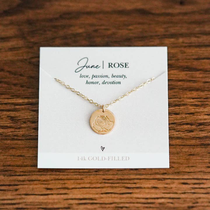 Words By Heart - Vente Colliers à pendentif - Collier disque de fleurs de naissance. REMPLI D'OR, OR ROSE, Sterling8