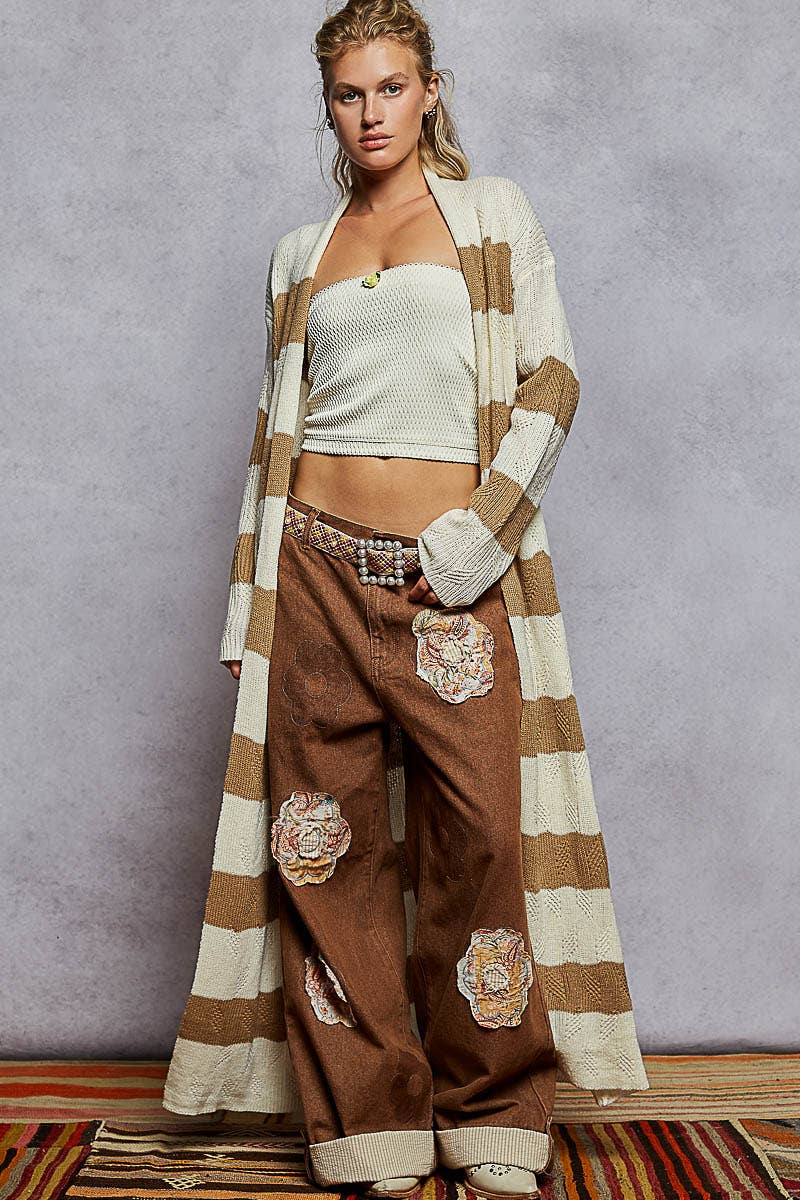 CRÈME/MOKA Veste cardigan maxi à manches longues avec détail de rayures contrastées en vente sur Faire0