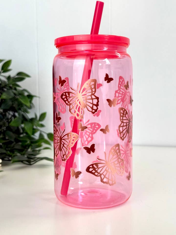 Plastkrus i pink med sommerfugle for engroshandel hos the cute cloud