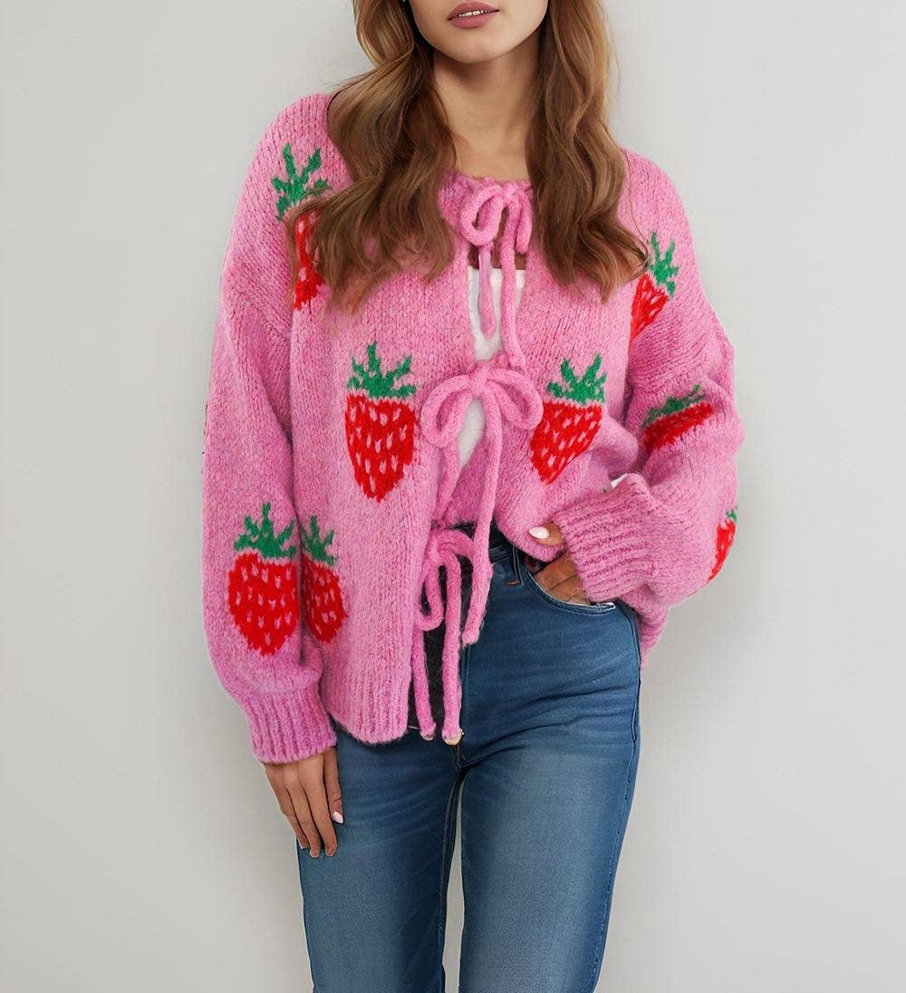 Miss Sparkling - Wholesale Cardigan – Women’s - Strawberry Tie front Cardigan