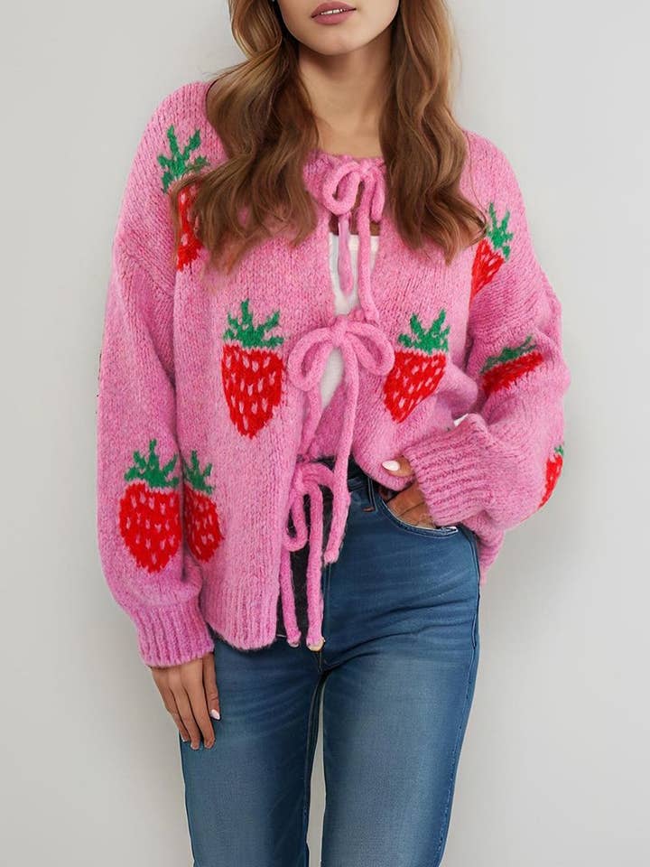 Miss Sparkling - Wholesale Cardigan - Women's - Strawberry Tie front Cardigan