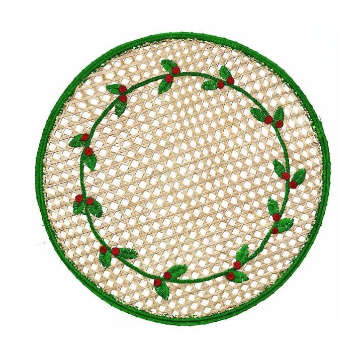 Christmas Holly Round Handwoven Iraca Palm Placemat – Natural with Green and Red Details for wholesale by Macondo Forever
