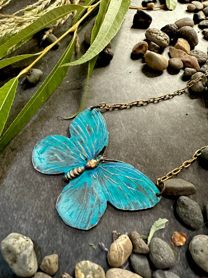 Verdigris Butterfly Necklace- Handmade Patina Solid Brass for wholesale by The Sunstone on Main