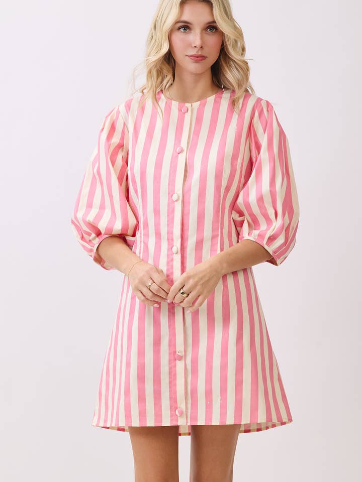 Striped Puff Sleeve Button-Front Mini Dress CD52305 for wholesale by GeeGee x Lovelo