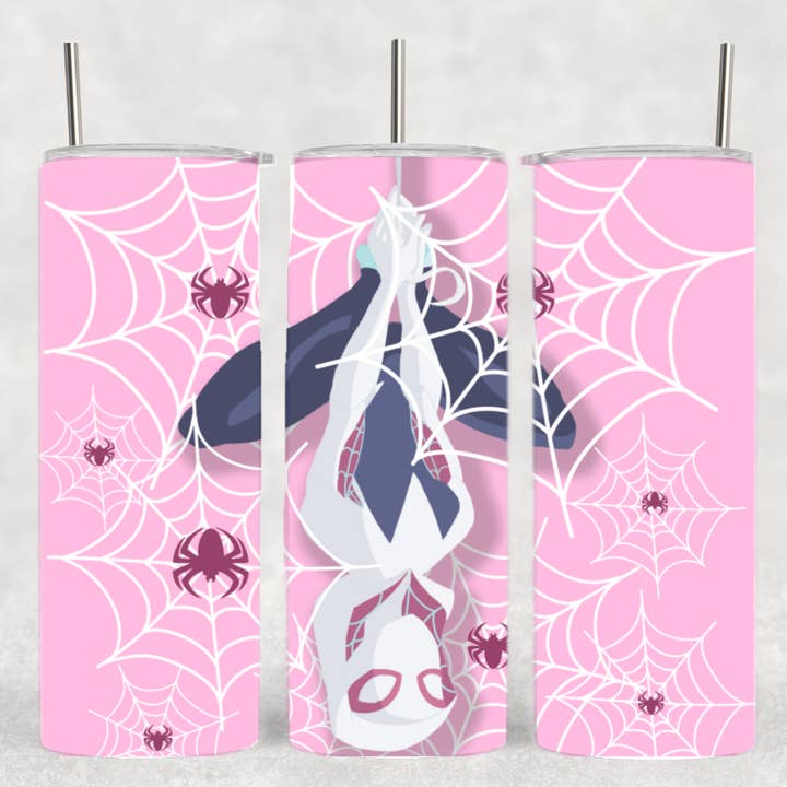 Pink SpiderGwen Spiderweb Upsidedown Comic Superhero Tumbler for wholesale by The Geek Boutique