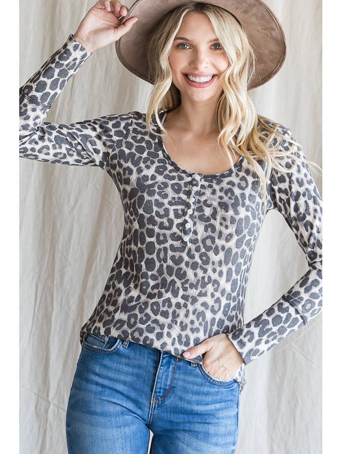 As Shown Casual Animal Print Button-Front Knit Top T4334 for wholesale on Faire