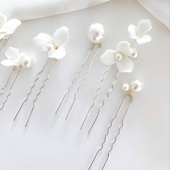 Nicholls Jewellery - Wholesale Hair Pin - Porcelain Flower and Pearl 6 pin set4