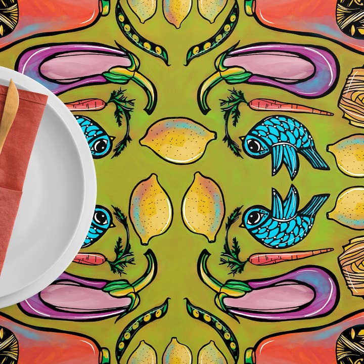 Tovaglia verde, verdure e uccelli blu per la vendita all'ingrosso da parte di Atelier Vero Wholesale