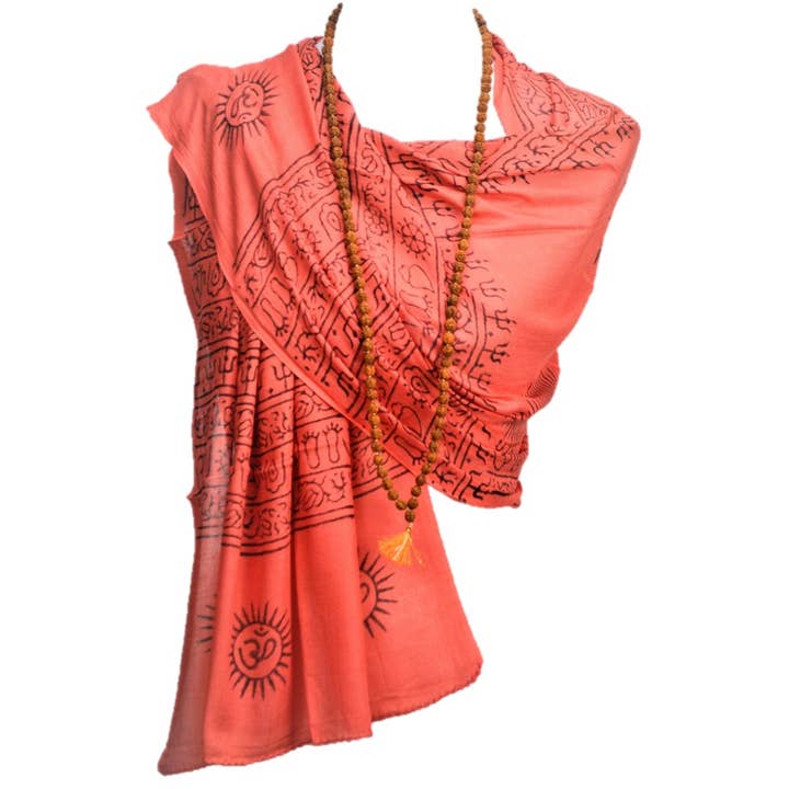 OM Hand Block Bhakti Yoga Prayer Sanskrit Hindu Mantra Shawl for wholesale by OMSutra
