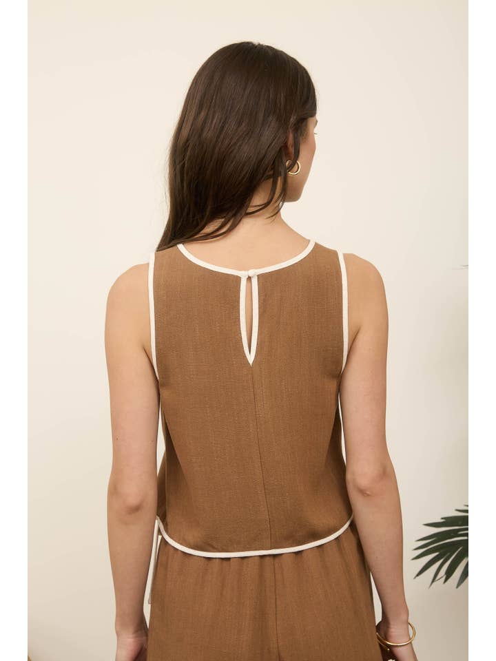 The Workshop Studio - Wholesale Blouse - Women's - CONTRAST TRIM SLEEVELESS LINEN CROP TOP