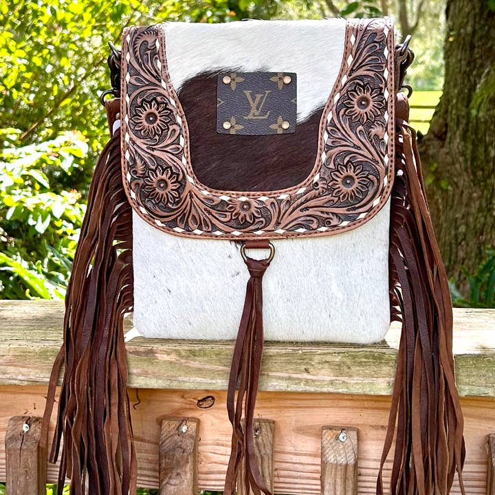 Upcycled LV Cowhide Leather Fringe Crossbody Bag Western for wholesale by Southern Junkie Gypsy Boutique