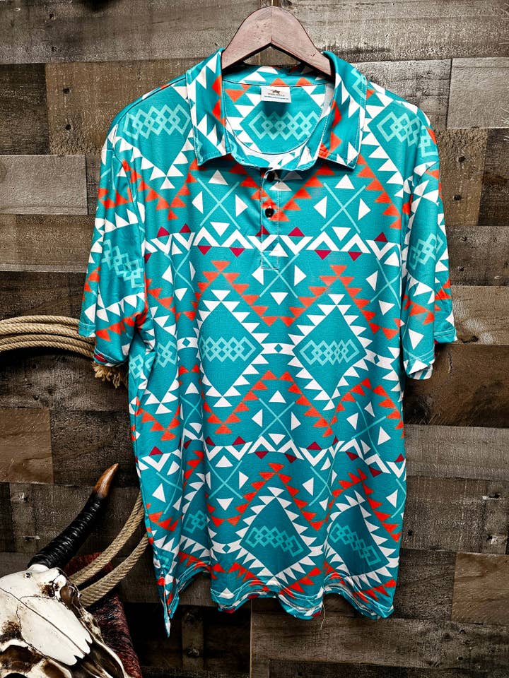BAHA RANCH WESTERN WEAR - Wholesale Polo - Men's - Teal Aztec Men's Western Polo Shirt