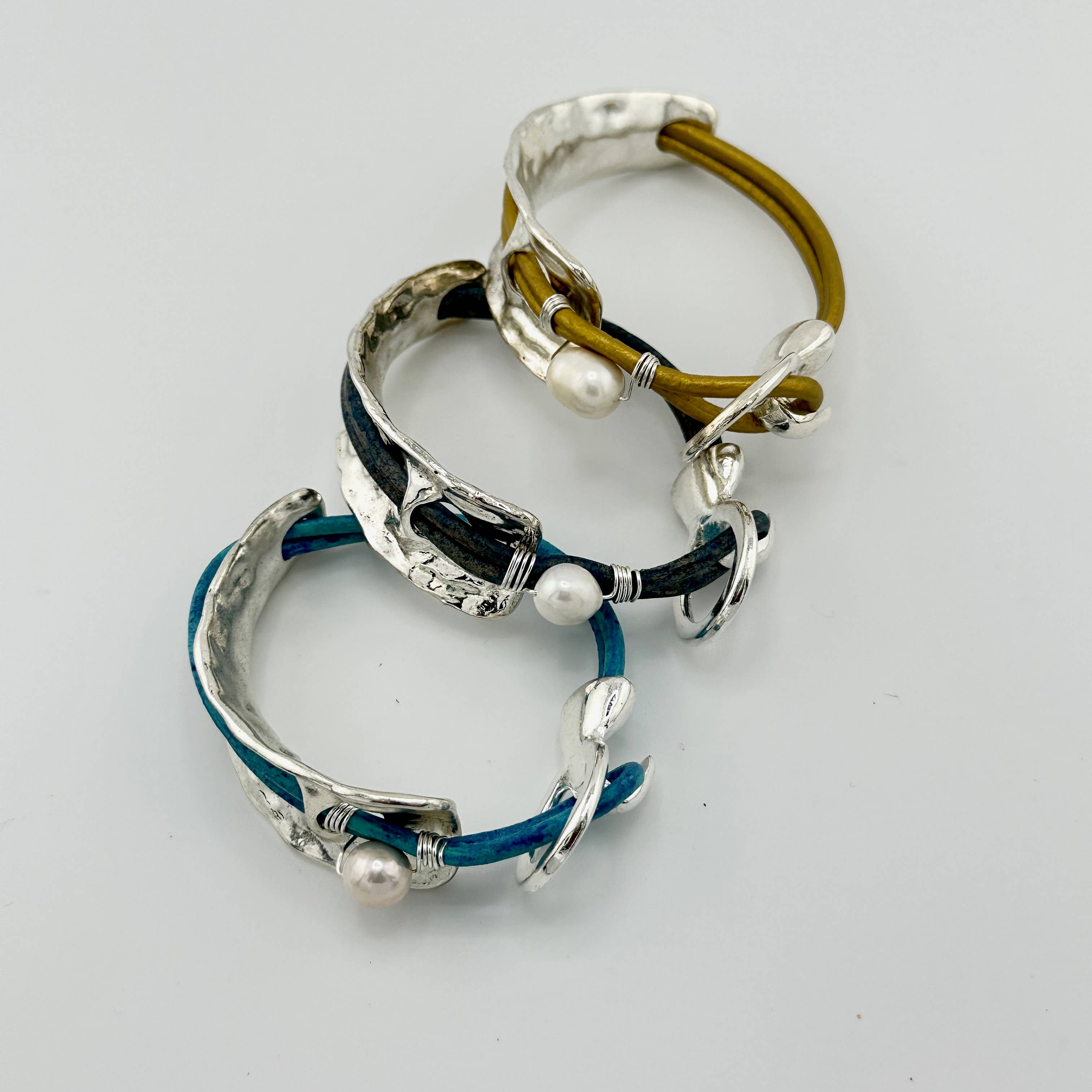 Beauty In Stone Jewelry - Wholesale Bangle Bracelet - Curved Cuff Bracelet With Leather & Pearl 6