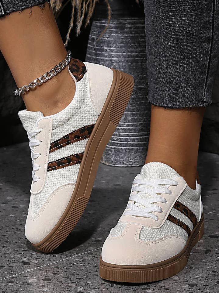 Textured Woven PU Leather Leopard Patchwork Flat Sneakers for wholesale by 66DISCO